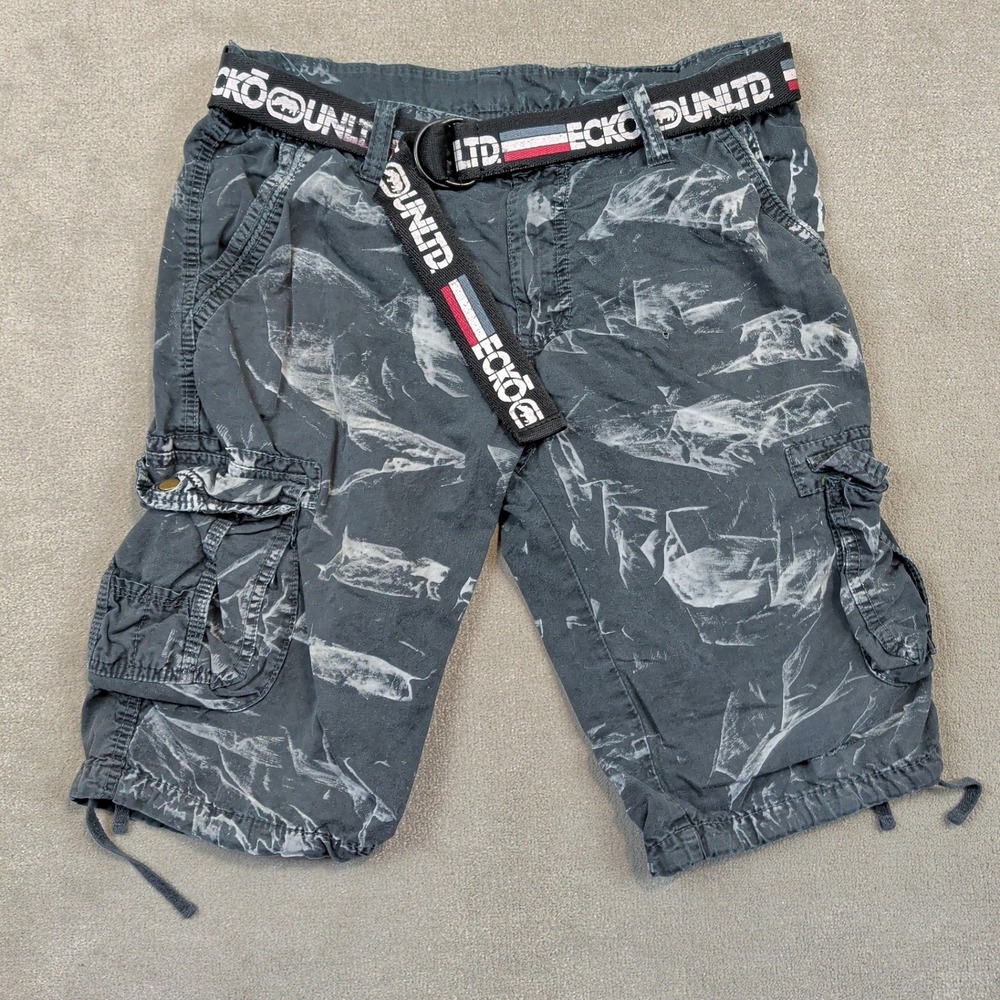 Ecko Unltd Mens 34 Cargo Shorts Black Marble Baggy Y2K Streetwear With Logo Belt